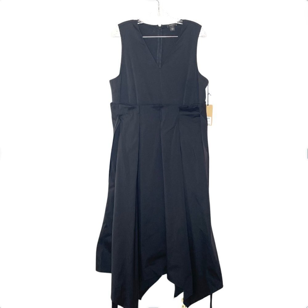 NWT Halogen Black V Neck Sleeveless Tie Back Paper Bag Waist Pleated Dress XL